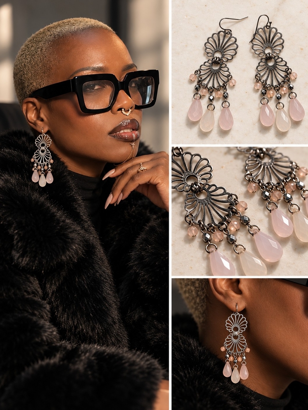 Elegant Filigree Drop Earrings in Blush Pink - Women Jewelry